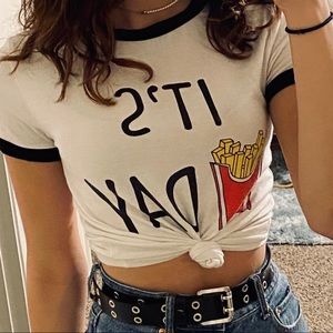 white graphic shirt it’s fry day